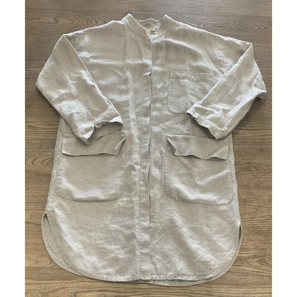 Eileen Fisher Organic Linen Dress Jacket Coat Beige Snap Front Women's S
